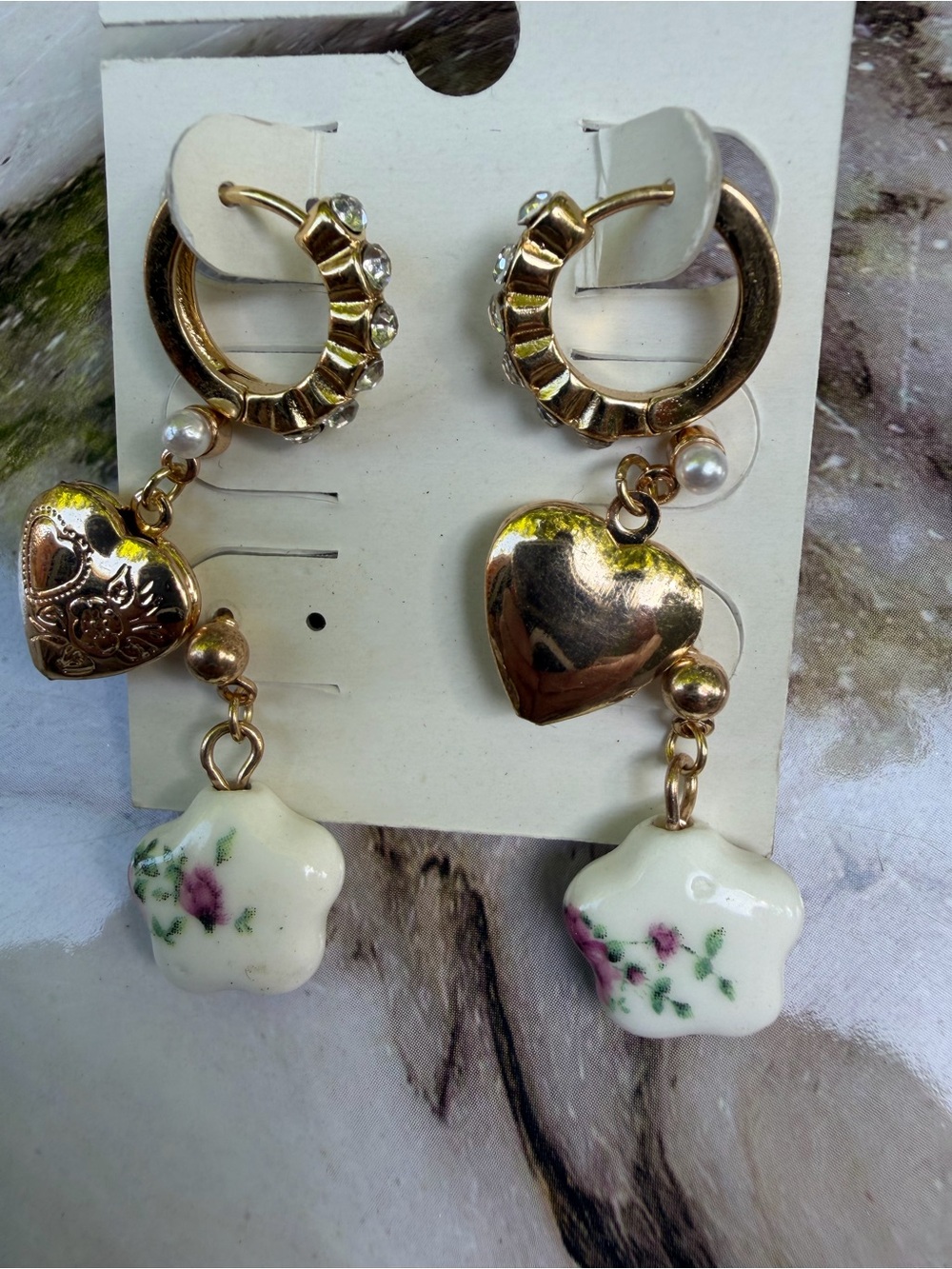 Francesca's Collections Gold Heart Earrings and Floral Ceramic Charm earrings